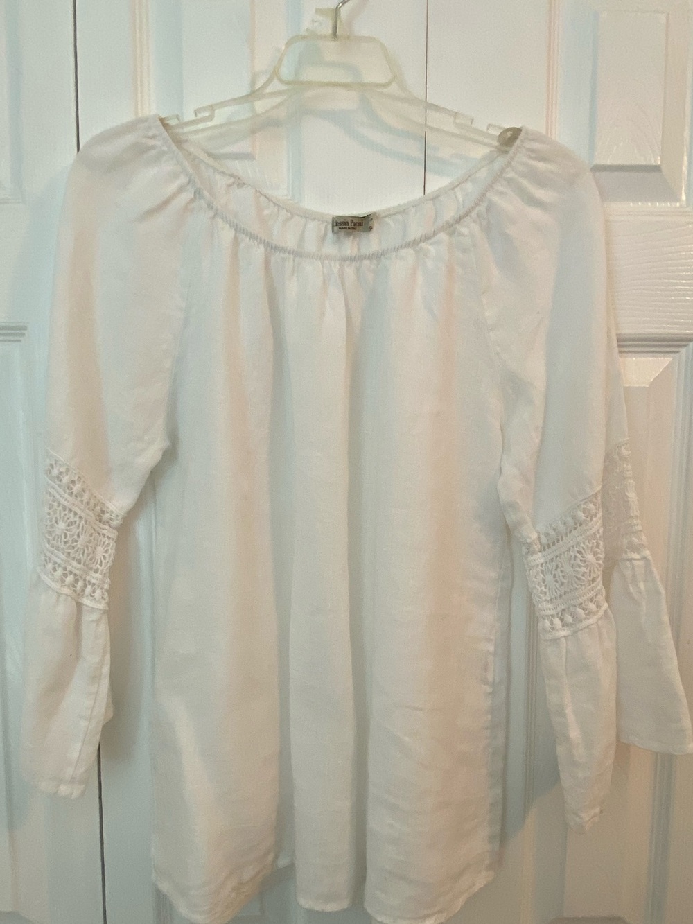 Italian Linen Peasant Tunic with Crochet Sleeve detail